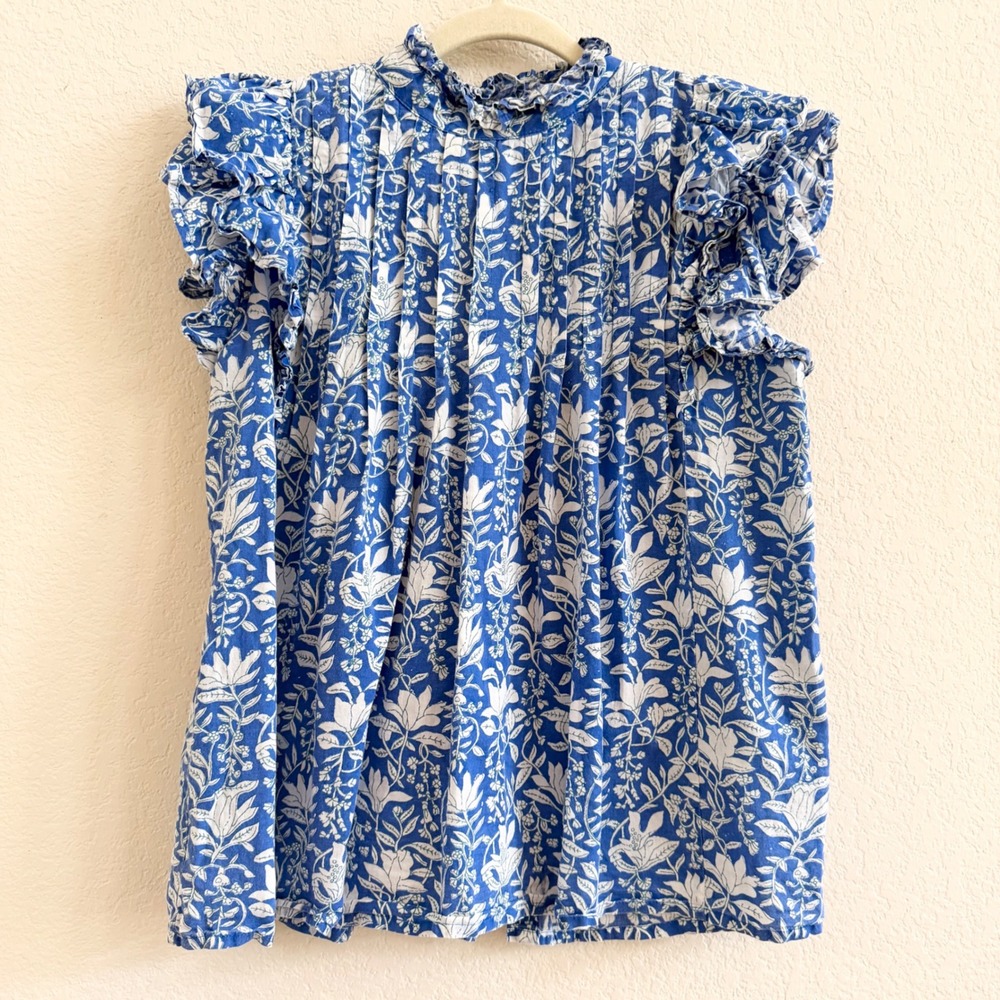 SLV Sur La Vague Block Print Floral Cotton Ruffle Pleated Blouse OS Cottagecore